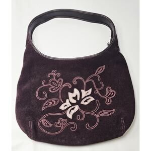 Vtg Y2K Liz Claiborne Leather Embroidered Dark Plum Shoulder Purse Bag